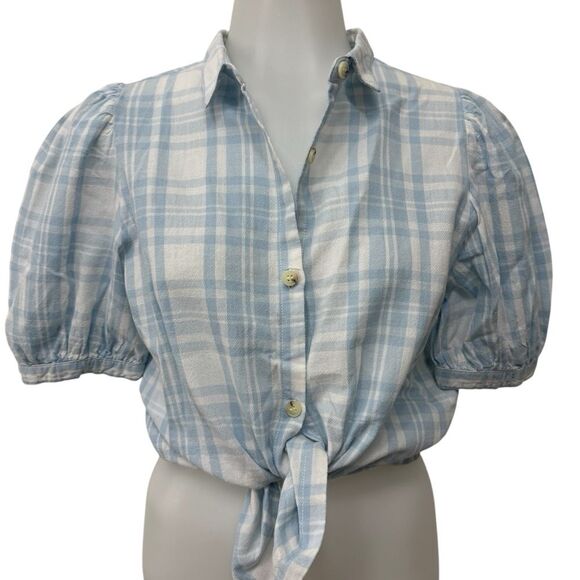 Zara Girls Linen Blend Knotted Light Blue and White Plaid Buttoned Top 13-14 - Picture 1 of 6